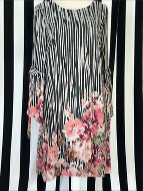 Luxology Black and White Striped Floral Shift Dress with Pink Accents